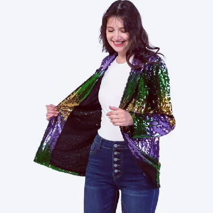 Damen Glitzerjacke Pailletten Langer Arm Offener Schnitt Eveloria