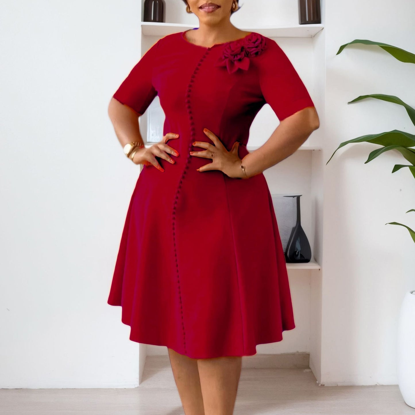 Damen A-Linien Kleid mit Knöpfen und Blumenmuster