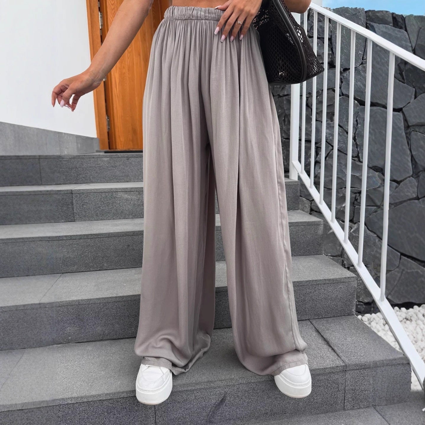 Damen Palazzo-Hose Elastischer Bund Weite Passform Beige - Eveloria