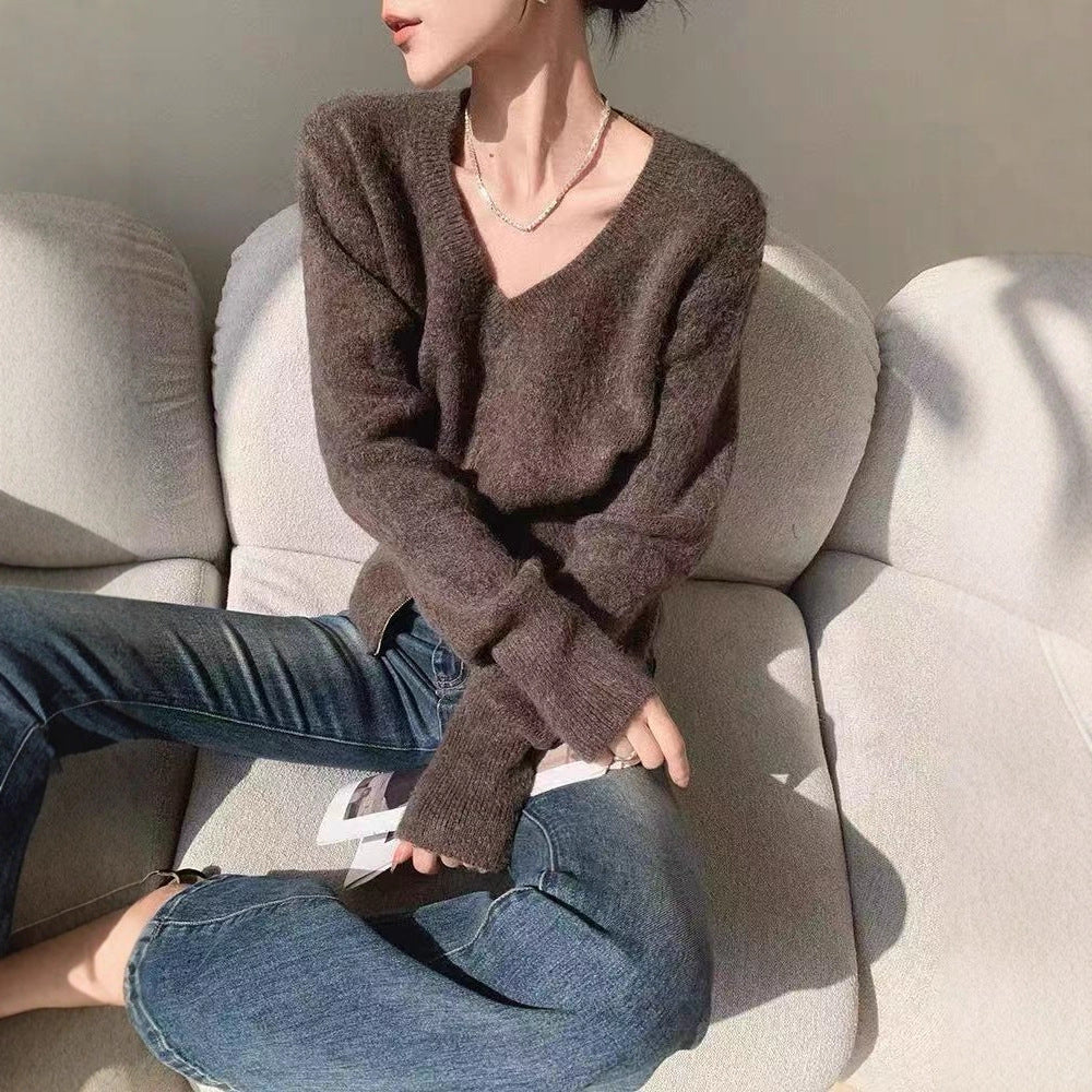 Damen Strickjacke V-Ausschnitt Reißverschluss Eveloria