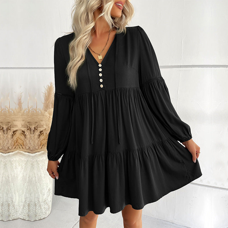 Damen Wickelkleid mit Knöpfen und Volumenärmeln Schwarz Eveloria - Eveloria