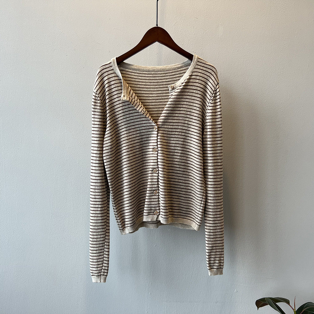 Damen Langarmshirt Maritimes Streifenmuster Baumwolle Weiß