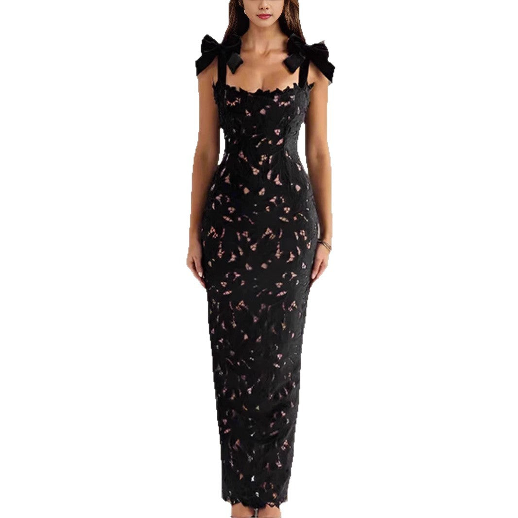 Damen Spitzenkleid Schleifenärmel Elegant Weiß