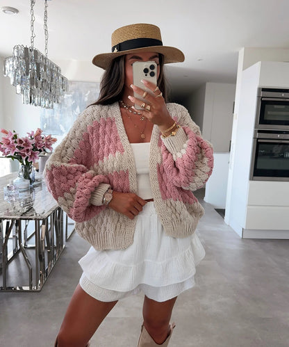 Damen Strickcardigan Oversized Großes Zopfmuster Beige
