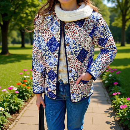 Damen Steppjacke Patchwork Floralmuster mit Knöpfen Eveloria