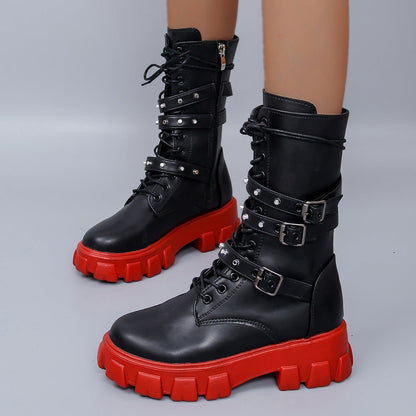 Damen High- Schnürstiefel Verstellbarer Riemen Griffige Sohle Eveloria