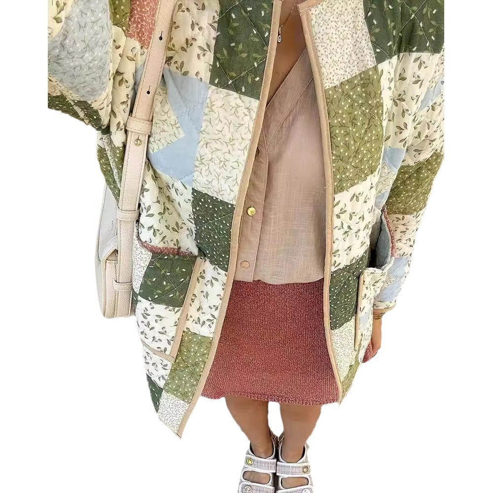 Damen Steppjacke Patchwork Floralmuster mit Knöpfen Eveloria