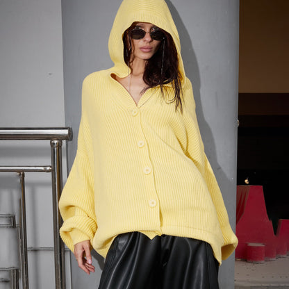 Damen Strickjacke Oversized mit Kapuze und Knöpfen
