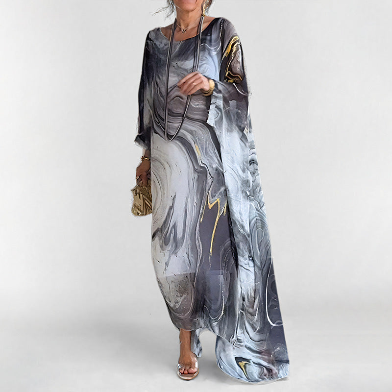Damen Maxikleid Wasserfarbenmuster Weit Schnitt Eveloria
