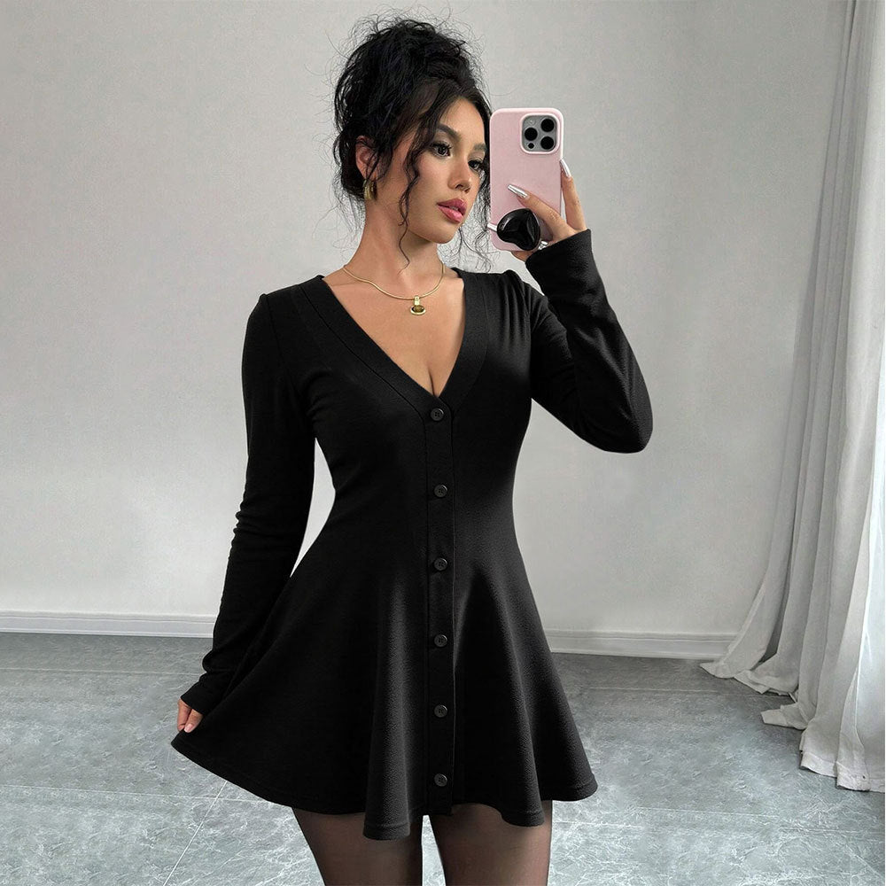 Damen Strickkleid Knielang V-Ausschnitt Knopfleiste Schwarz Eveloria - Eveloria