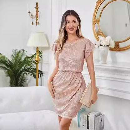 Damen Cocktailkleid Pailletten Voluminöse Rüschenärmel Eveloria