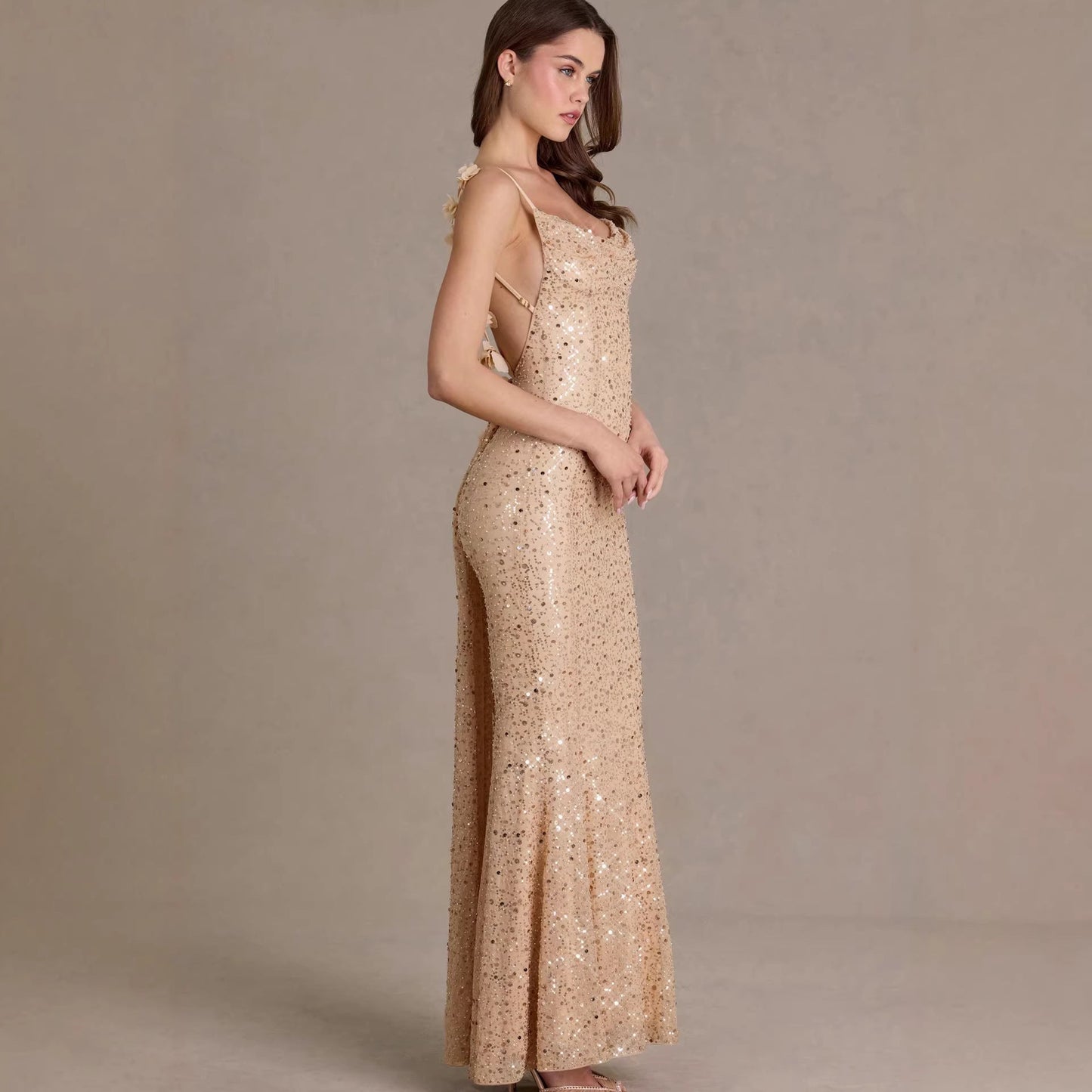 Damen Maxi-Kleid Pailletten Wasserfallausschnitt Figurbetonter