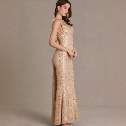 Damen Maxi-Kleid Pailletten Wasserfallausschnitt Figurbetonter
