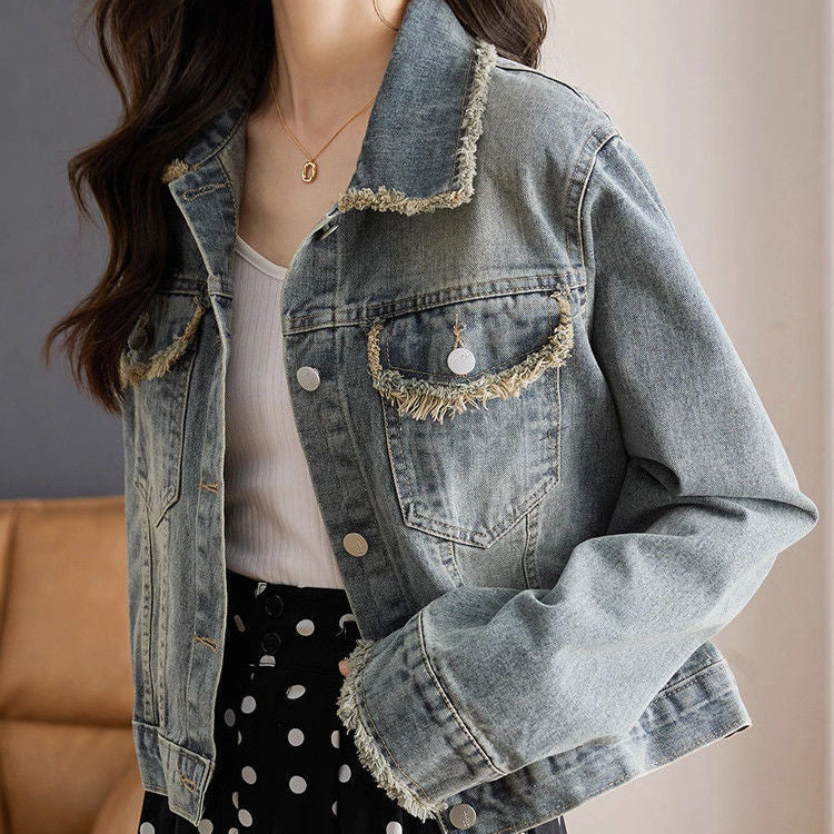 Damen Denimjacke Lässig Mit Fransen Blau