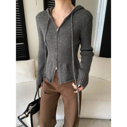 Damen Strickjacke Kapuze Reißverschluss Eveloria