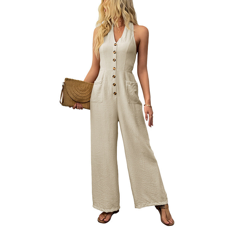 Damen Jumpsuit Weit mit Knöpfen und Taschen