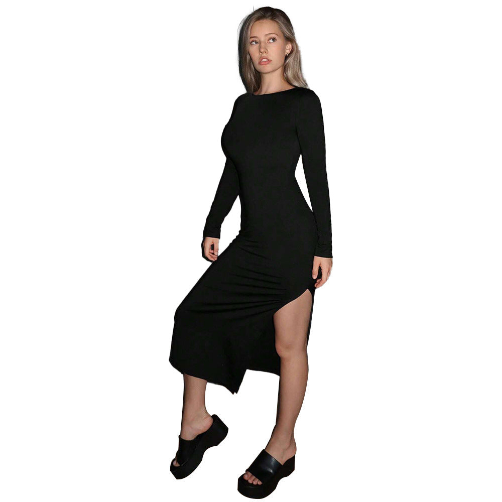 Damen Langarm-Midikleid Elegantem Schlitz Figurbetont Eveloria