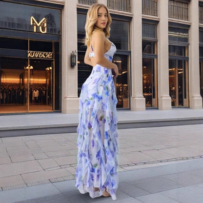 Damen Maxikleid Florale Rüschen Tiefes Dekolleté