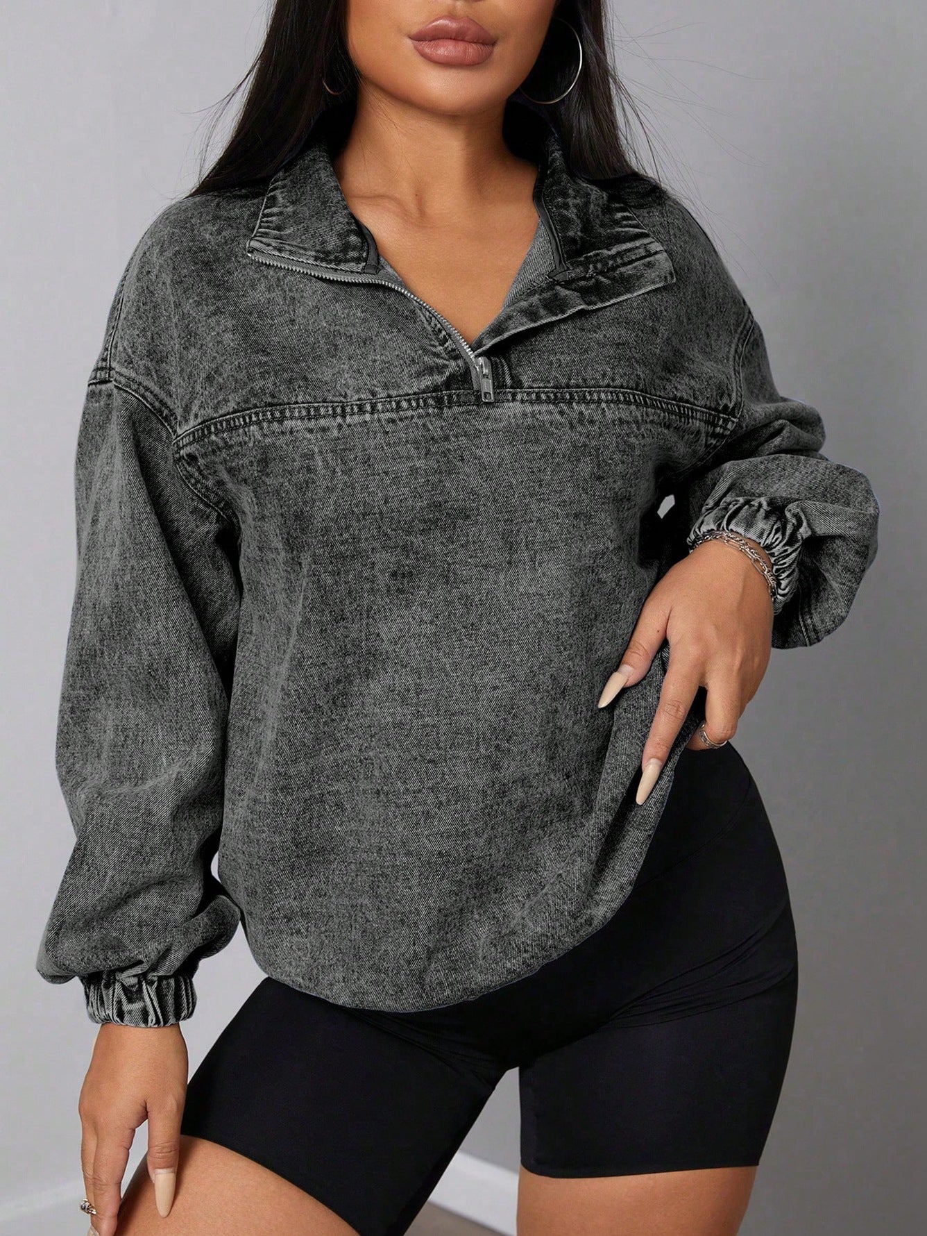 Damen Denim-Pullover Stehkragen Reißverschluss Blau Eveloria