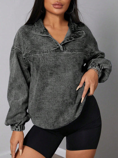 Damen Denim-Pullover Stehkragen Reißverschluss Blau Eveloria