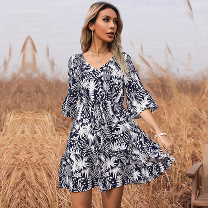Damen Sommerkleid mit Blümchenmuster Voluminöse Ärmel Rüschendesign