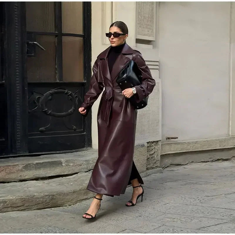 Damen Kunstleder-Trenchcoat mit Gürtel Schwarz Eveloria - Eveloria