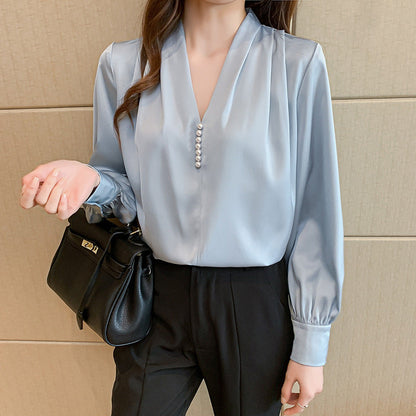 Damen Bluse Rüschenärmel Perlknöpfe Eveloria