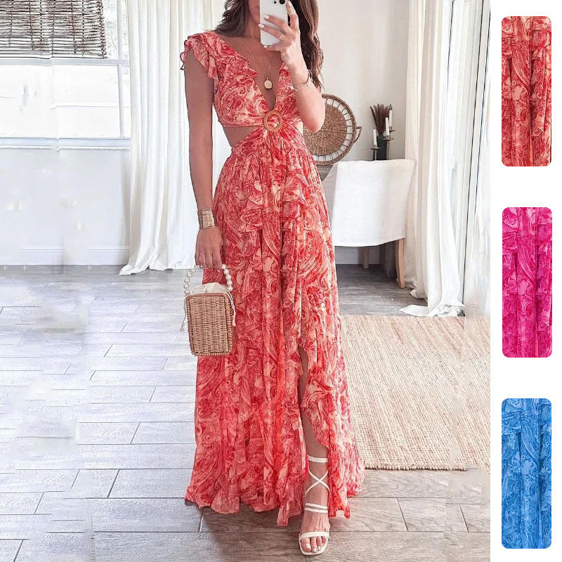 Damen Maxikleid mit Cut-Out-Design und Rüschenausschnitt - Eveloria