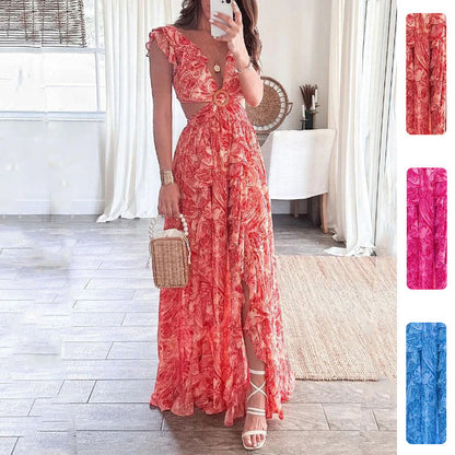 Damen Maxikleid mit Cut-Out-Design und Rüschenausschnitt - Eveloria