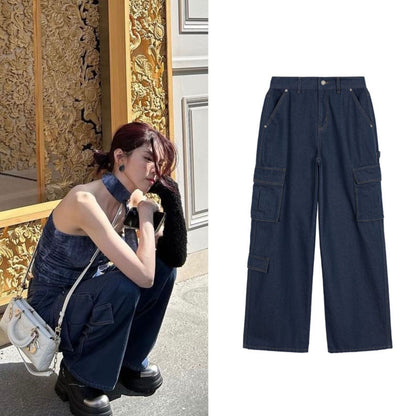 Damen Cargo-Jeans Weites Modell Praktische Taschen Blau Eveloria - Eveloria