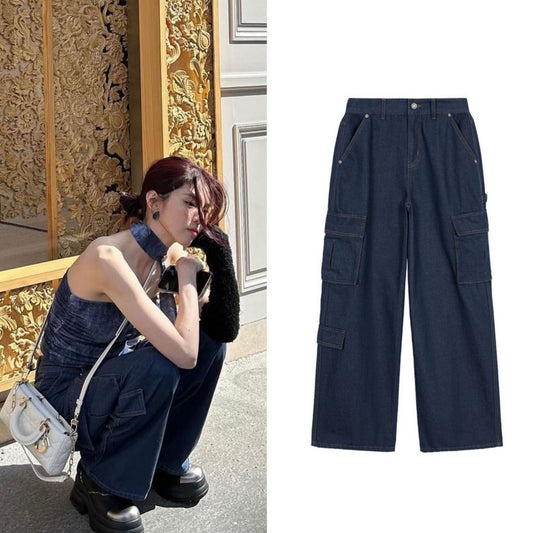 Damen Cargo-Jeans Weites Modell Praktische Taschen Blau Eveloria - Eveloria