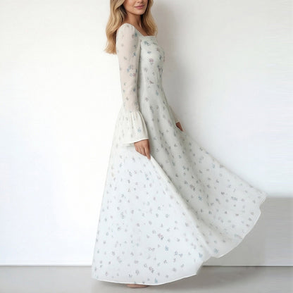 Damen Maxikleid mit Blumenapplikationen und Volumenärmeln