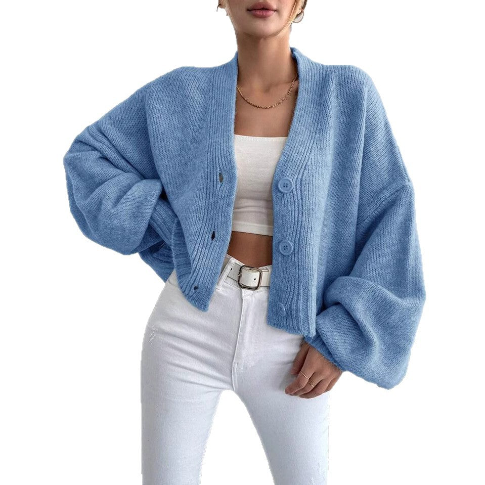 Damen Grobstrickcardigan Lässig Knöpfe Voluminöse Ärmel Beige