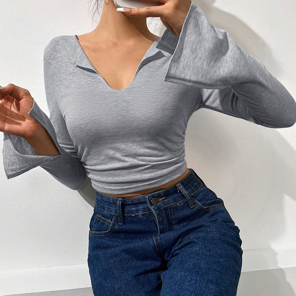 Damen Langarmshirt Trompetenärmel V-Ausschnitt Elegant - Eveloria