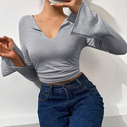 Damen Langarmshirt Trompetenärmel V-Ausschnitt Elegant - Eveloria