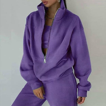 Damen Fleece-Pullover Hochkragen Reißverschluss Kuschelig Grau