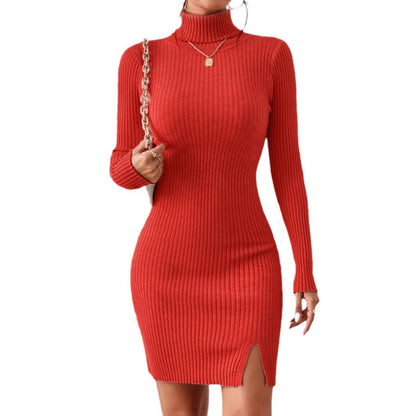 Damen Strickkleid Hochkragen Rippdesign Anthrazit