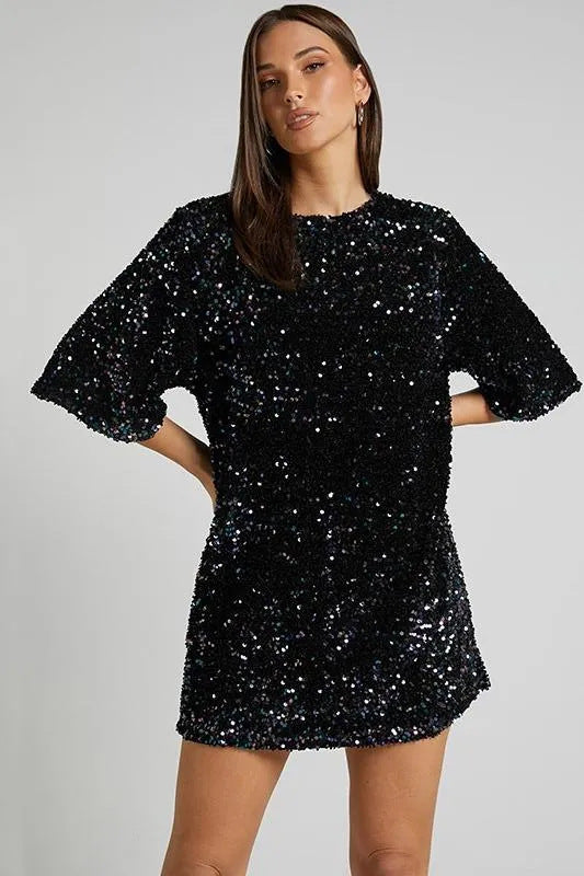 Damen Pailletten-Kleid Lockere Ärmel Rundhalsausschnitt
