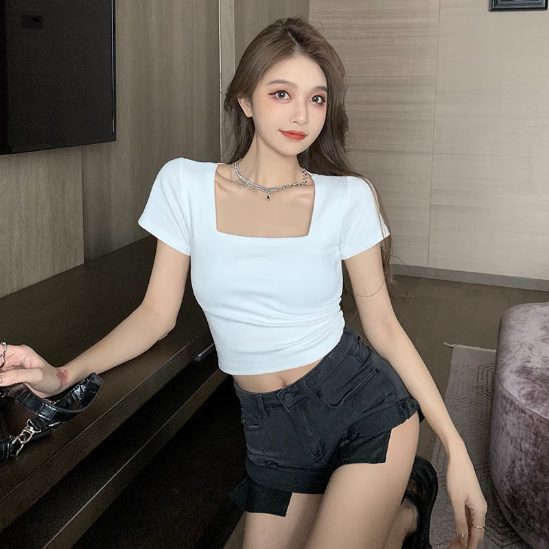 Damen T-Shirt Cropped Quadratischer Ausschnitt Figurbetont