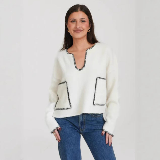 Damen Cropped Pullover Asymmetrisch mit Taschen Eveloria