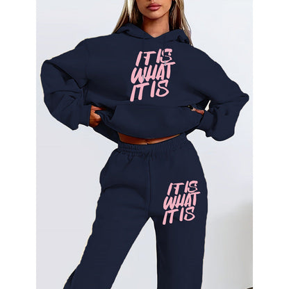 Damen Hoodie Jogginghose Set mit Schriftzug Grau