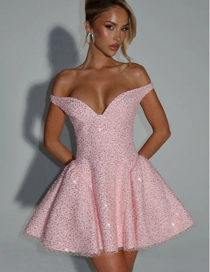 Damen Cocktailkleid Schulterfrei Paillettenbesatz