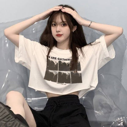 Damen T-Shirt Cropped mit Grafikdruck Lässig Weiß