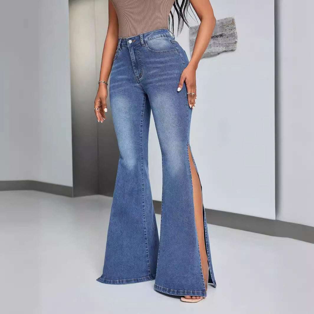Damen High-Waist Flare Jeans mit Schlitzen Eveloria