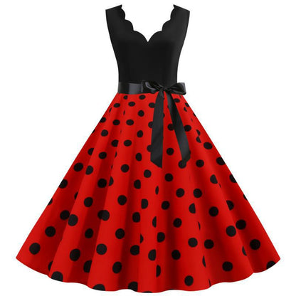 Damen Swing-Kleid Gepunktet V-Ausschnitt Schwarz - Eveloria