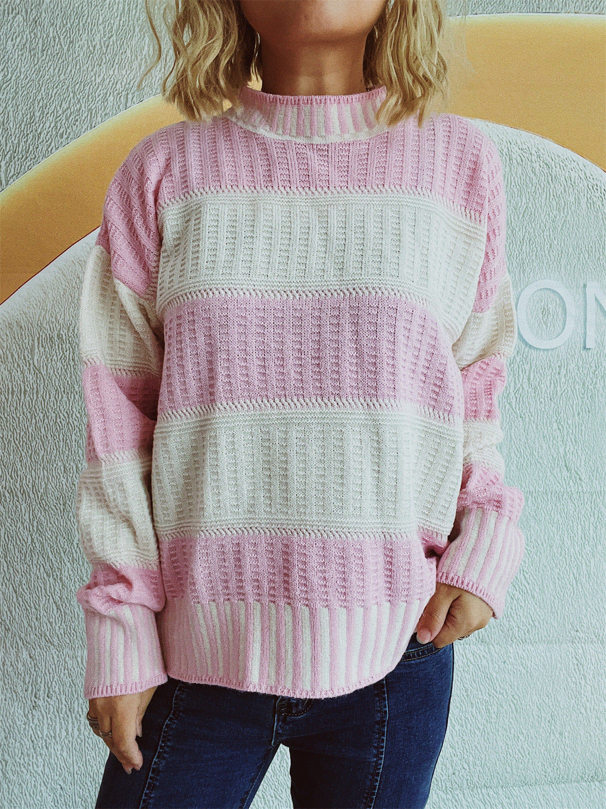 Damen Strickpullover mit Streifenmuster und hohem Bündchen