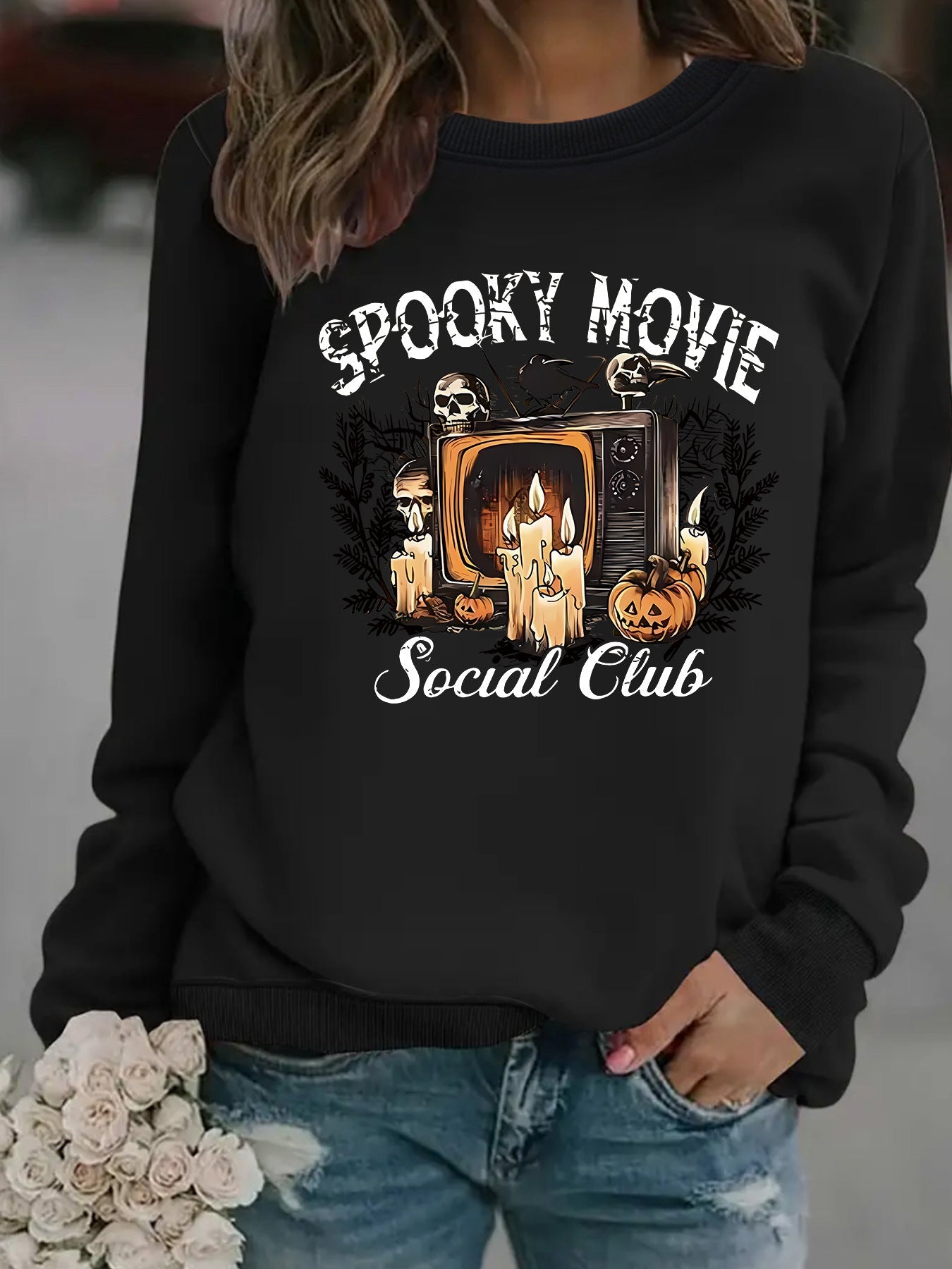 Damen Sweatshirt Spooky Film-Motiv Lässiger Schnitt Eveloria