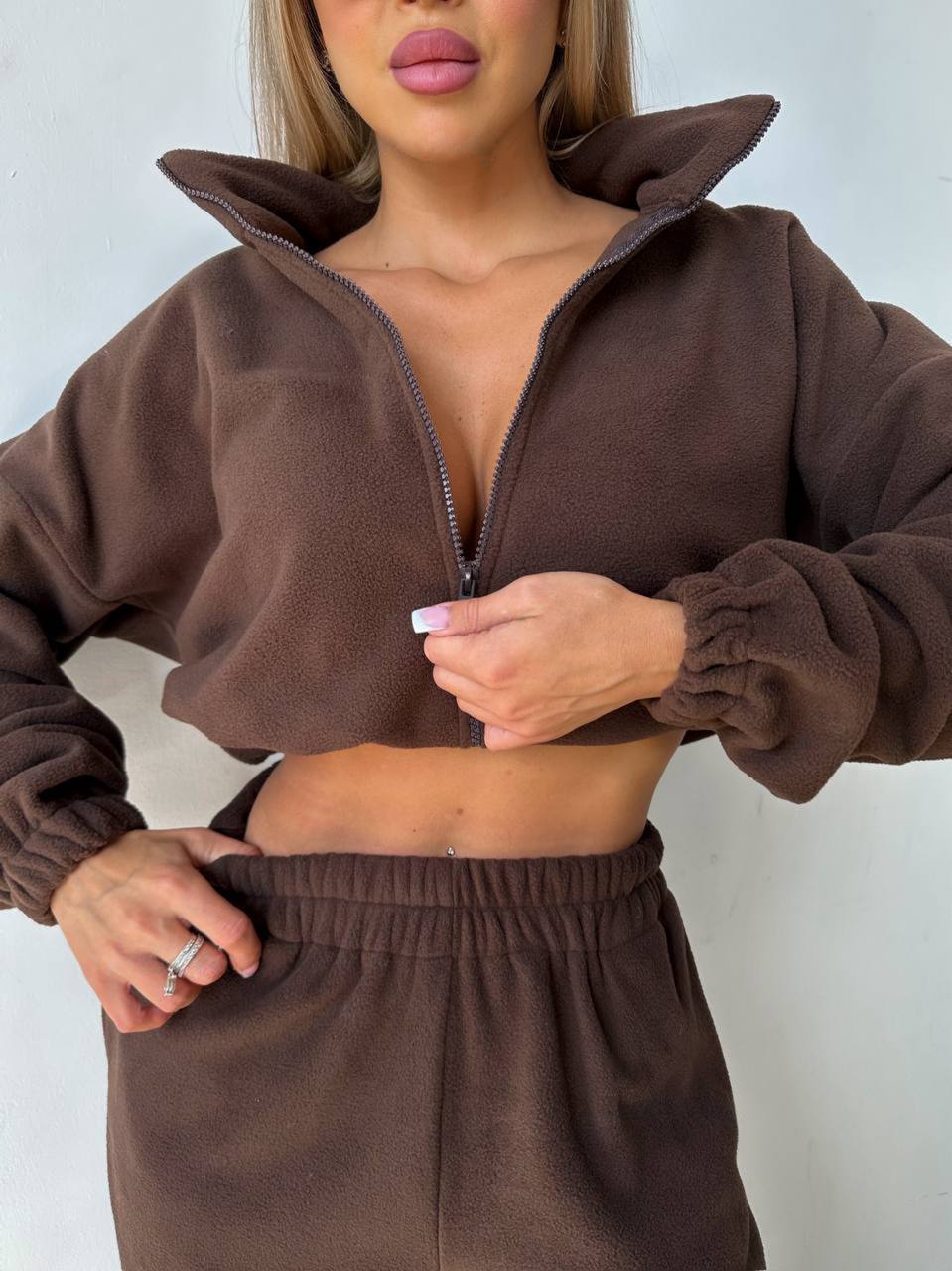 Damen Fleecejacke Cropped Reißverschluss Lässig Eveloria