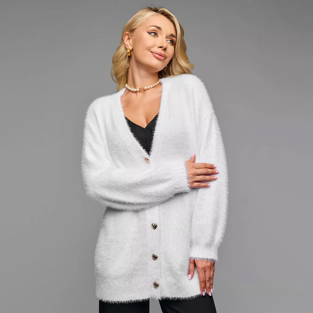 Damen Strickjacke Oversized Weich Herzknöpfe Beige