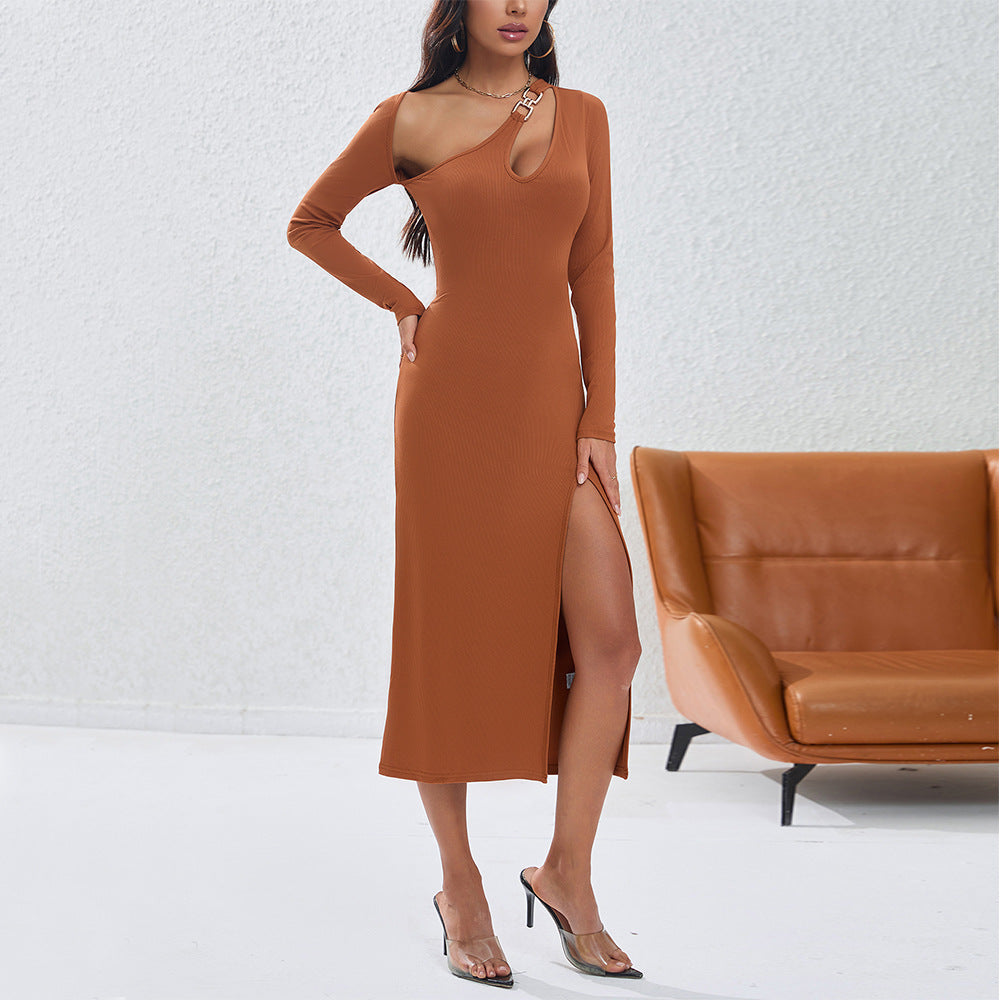 Eveloria Damen Langarmkleid Figurbetont Asymmetrisch